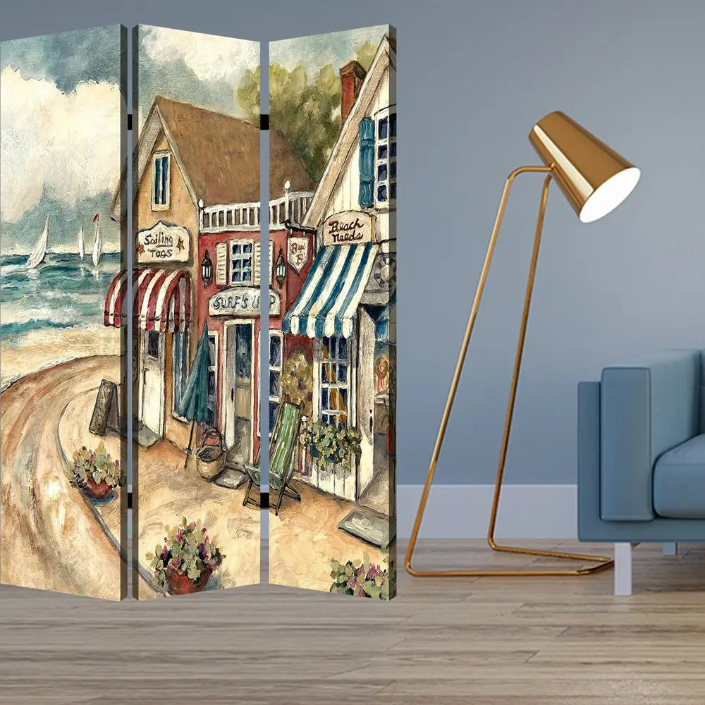 48 X 72 Multi Color Wood Canvas Seaside Town Slate Screen - NOBLE HOME INTERIORS