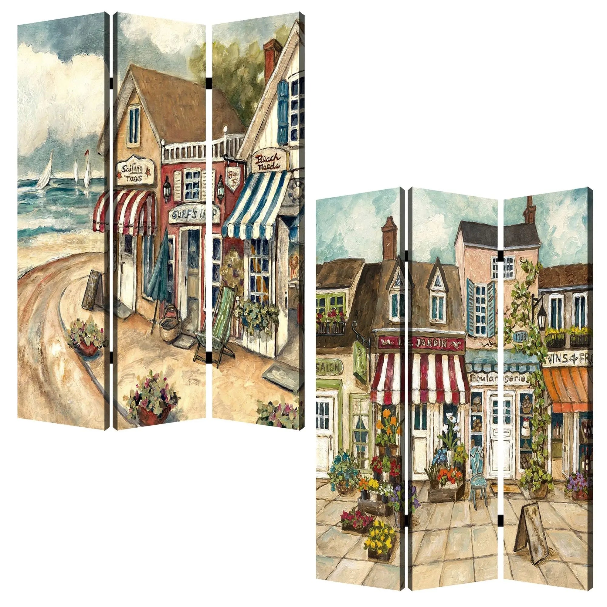 48 X 72 Multi Color Wood Canvas Seaside Town Slate Screen - NOBLE HOME INTERIORS