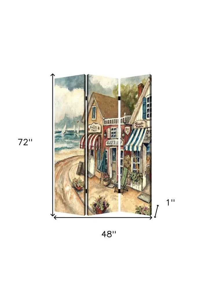 48 X 72 Multi Color Wood Canvas Seaside Town Slate Screen - NOBLE HOME INTERIORS