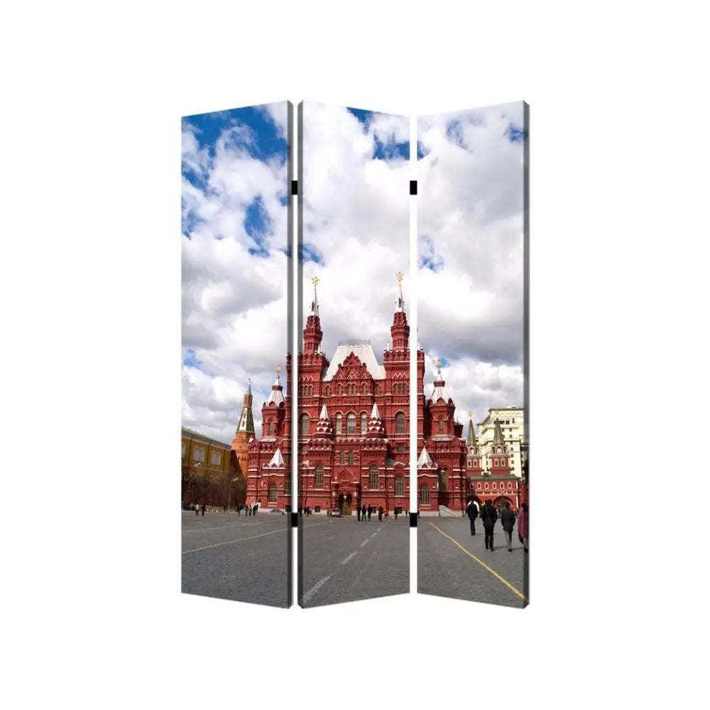 48" X 72" Red Blue and White Wood Canvas Russia Screen - NOBLE HOME INTERIORS