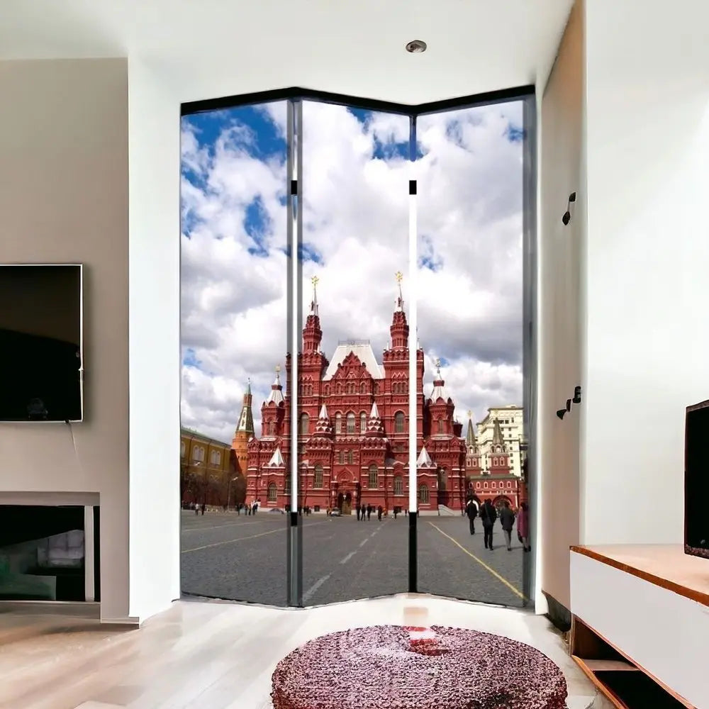 48" X 72" Red Blue and White Wood Canvas Russia Screen - NOBLE HOME INTERIORS