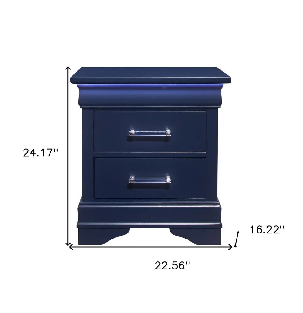 24" Blue Wood Lighted Two Drawer Nightstand HomeRoots