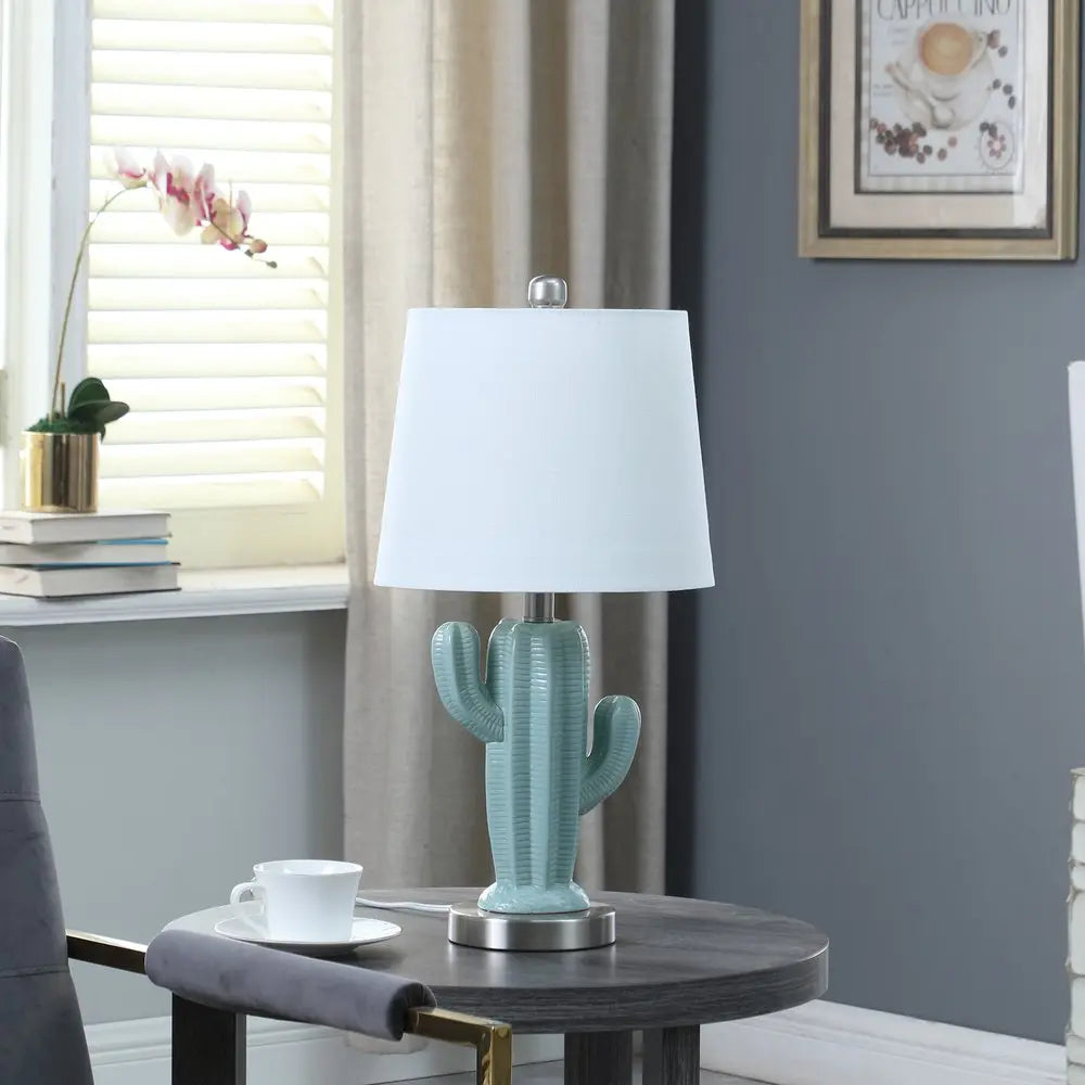 22" Pale Blue Green Ceramic Cactus Table Lamp With White Shade HomeRoots