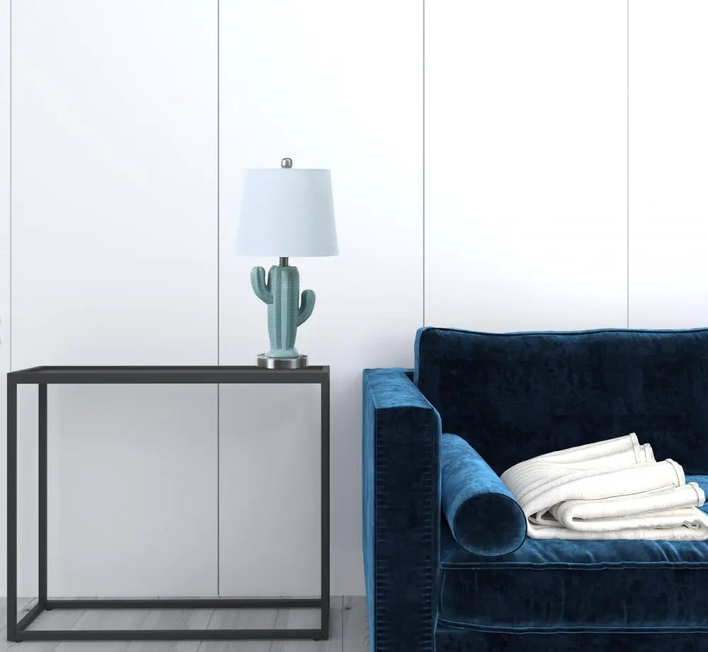 22" Pale Blue Green Ceramic Cactus Table Lamp With White Shade HomeRoots