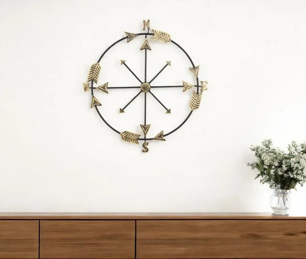 26" X 25" Brass and Black Metal Distressed Compass Wall Decor HomeRoots