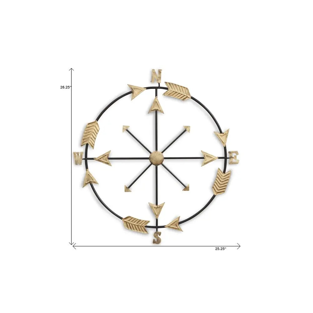 26" X 25" Brass and Black Metal Distressed Compass Wall Decor HomeRoots
