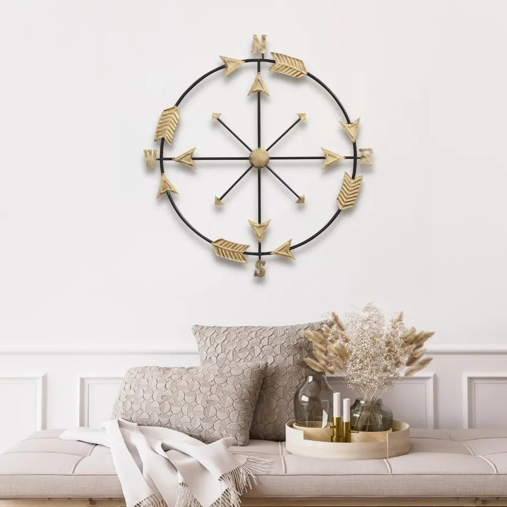 26" X 25" Brass and Black Metal Distressed Compass Wall Decor HomeRoots