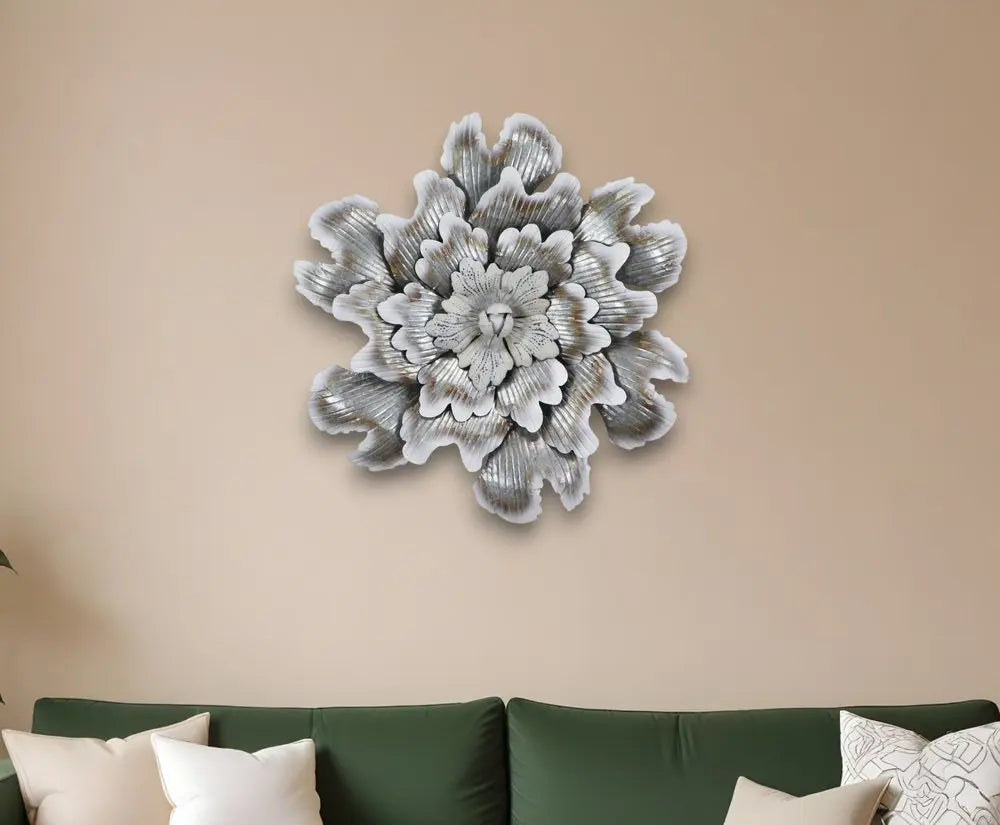 27" X 27" Gray and Off White Galvanized Metal Flower Hanging Dimensional Sculpture HomeRoots