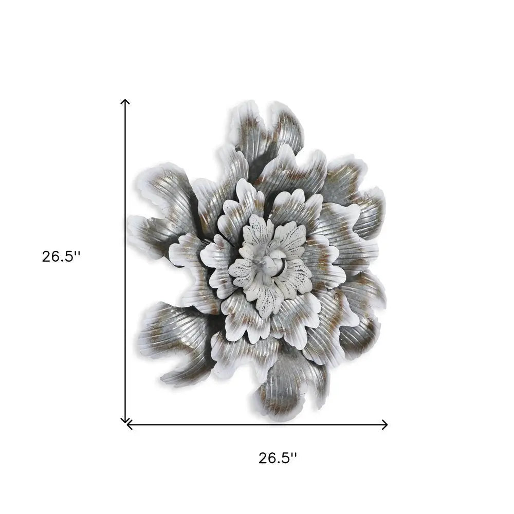 27" X 27" Gray and Off White Galvanized Metal Flower Hanging Dimensional Sculpture HomeRoots