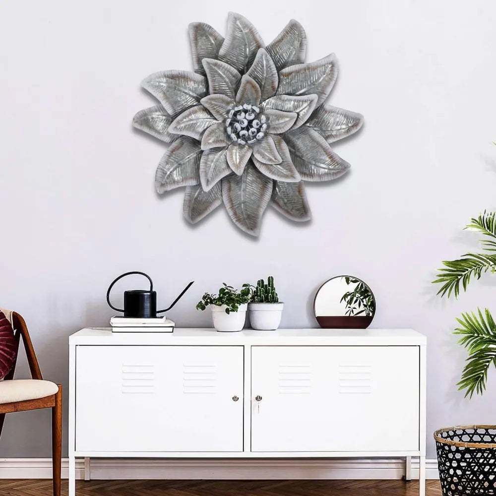 27" X 27" Gray and Off White Galvanized Metal Flower Hanging Dimensional Sculpture HomeRoots