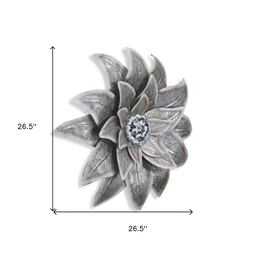 27" X 27" Gray and Off White Galvanized Metal Flower Hanging Dimensional Sculpture HomeRoots