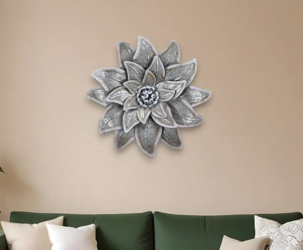 27" X 27" Gray and Off White Galvanized Metal Flower Hanging Dimensional Sculpture HomeRoots