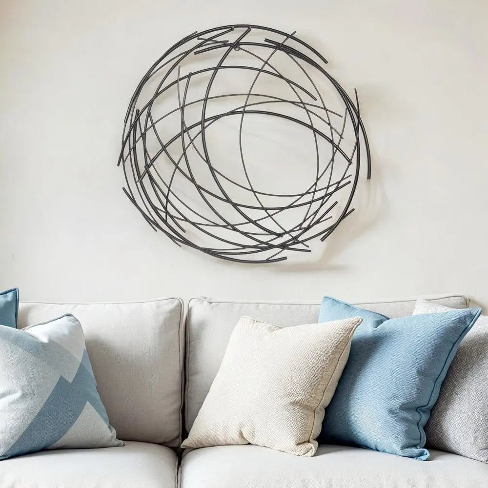26" X 26" Black Metal Abstract Lines Round Hanging Dimensional Sculpture HomeRoots