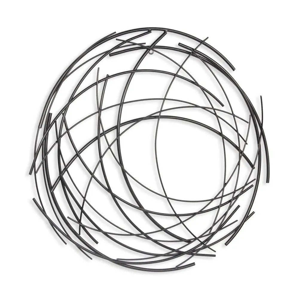 26" X 26" Black Metal Abstract Lines Round Hanging Dimensional Sculpture HomeRoots