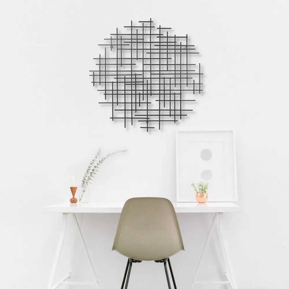 30" X 30" Black Metal Abstract Lines Round Hanging Dimensional Sculpture HomeRoots