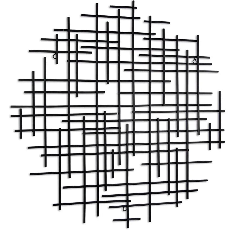 30" X 30" Black Metal Abstract Lines Round Hanging Dimensional Sculpture HomeRoots
