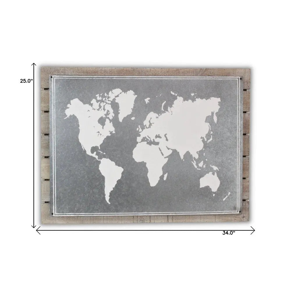 25" X 34" Brown and Gray Wood and Metal World Map Hanging Dimensional Sculpture HomeRoots
