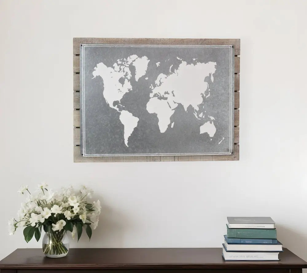 25" X 34" Brown and Gray Wood and Metal World Map Hanging Dimensional Sculpture HomeRoots