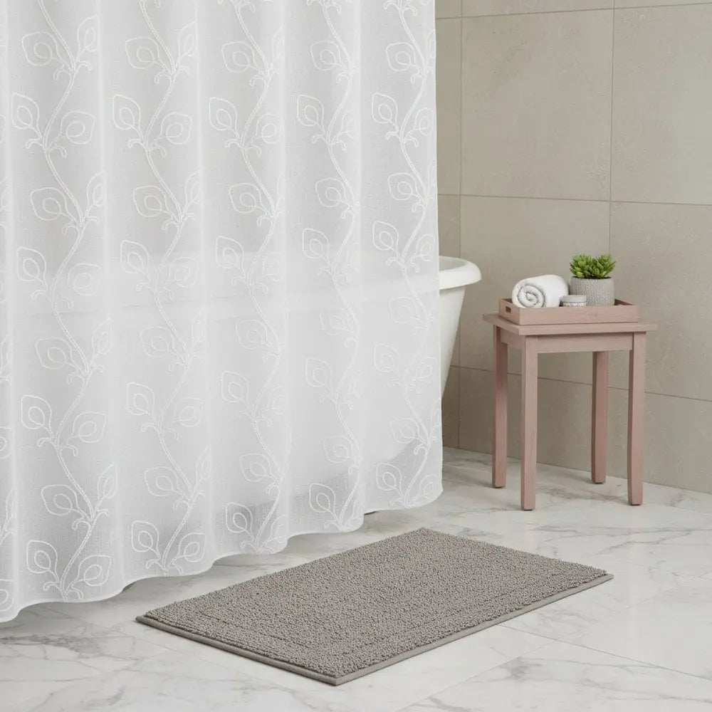 72" White Floral Faux Linen Shower Curtain With Embroidery HomeRoots