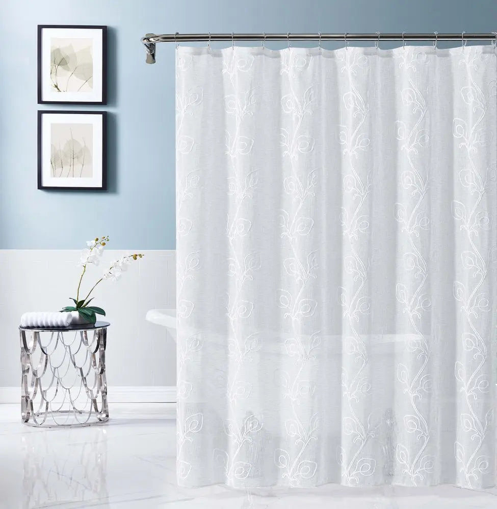 72" White Floral Faux Linen Shower Curtain With Embroidery HomeRoots