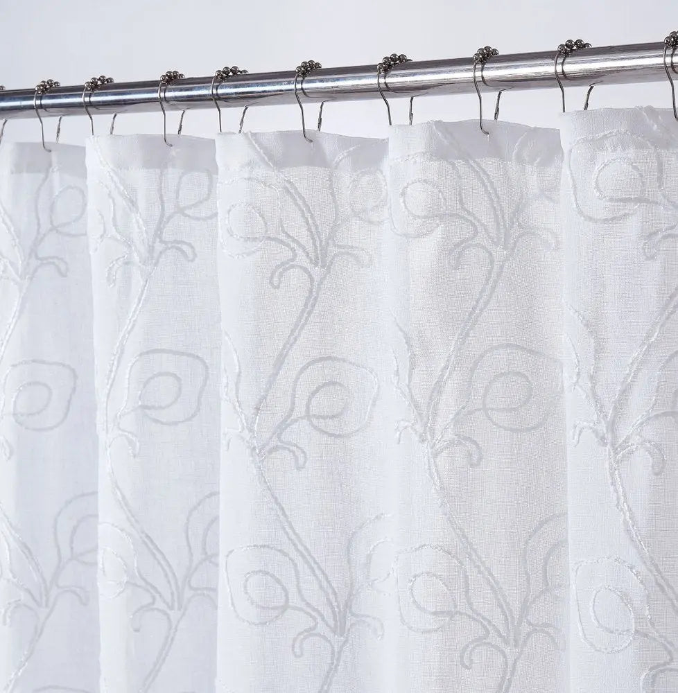 72" White Floral Faux Linen Shower Curtain With Embroidery HomeRoots