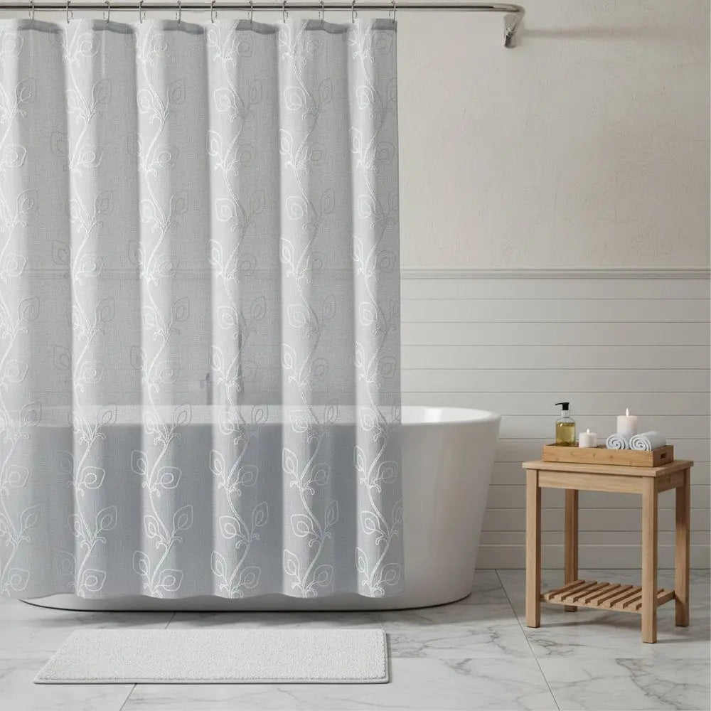 72" Gray Floral Faux Linen Shower Curtain With Embroidery HomeRoots