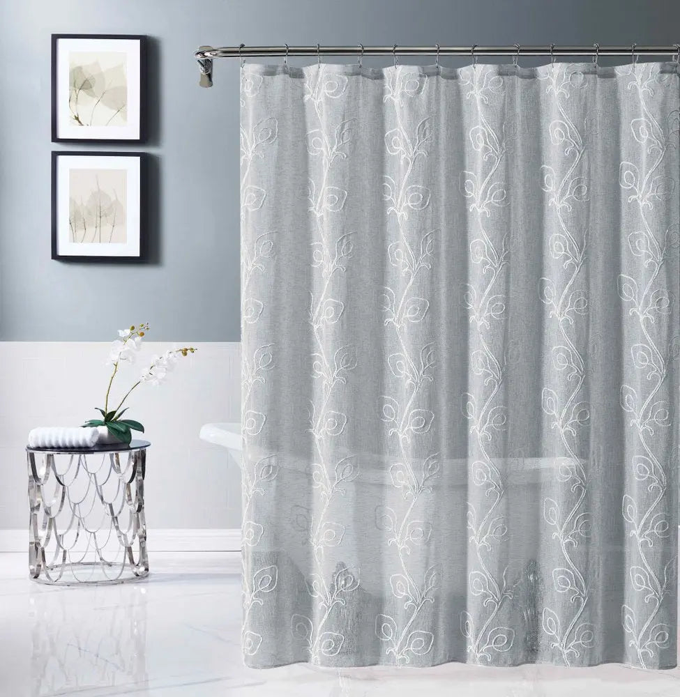 72" Gray Floral Faux Linen Shower Curtain With Embroidery HomeRoots