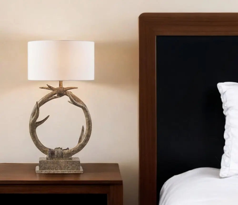 27" Brown Rustic Faux Antlers Table Lamp With White Drum Shade HomeRoots