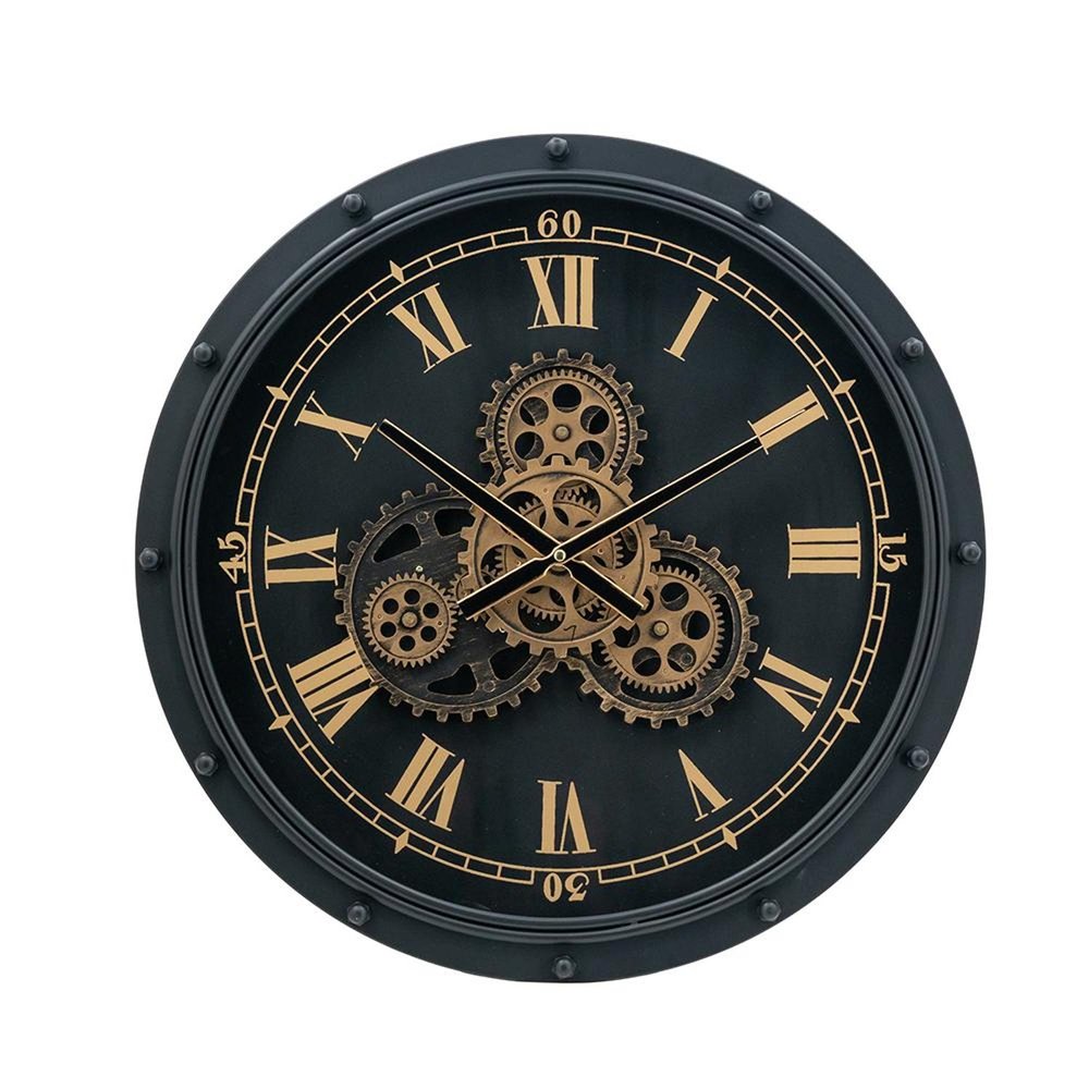 Reloj de pared analógico circular de 20" de metal y vidrio negro y dorado