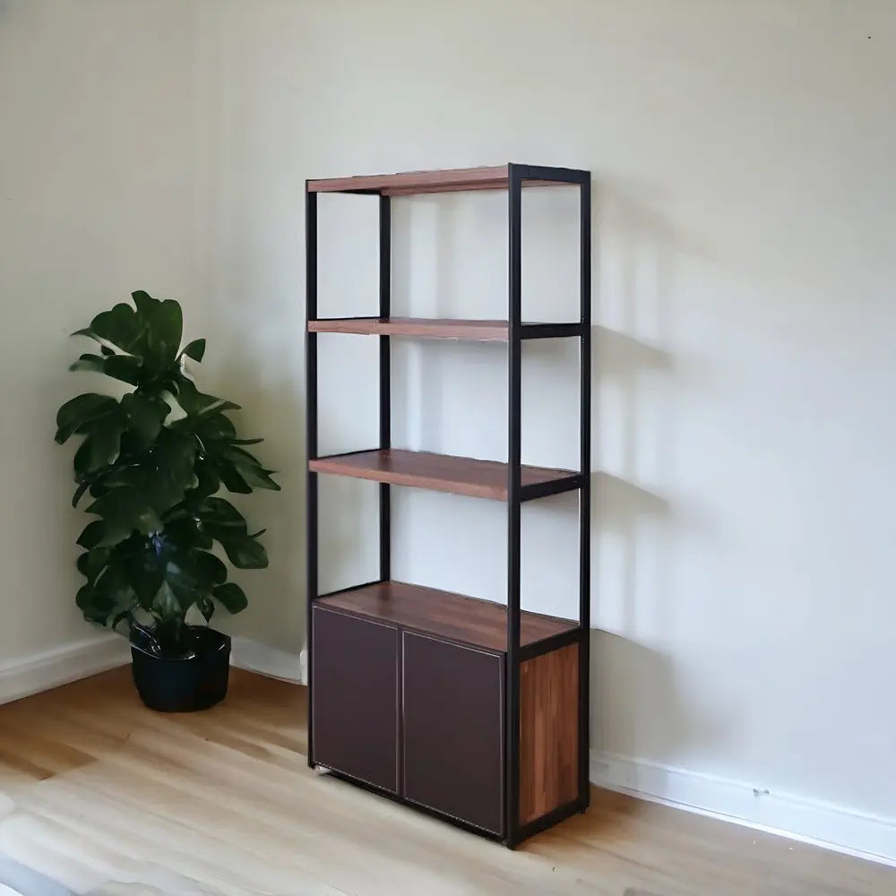 Brown And Black Metal Three Tier Bookcase with Two Doors HomeRoots