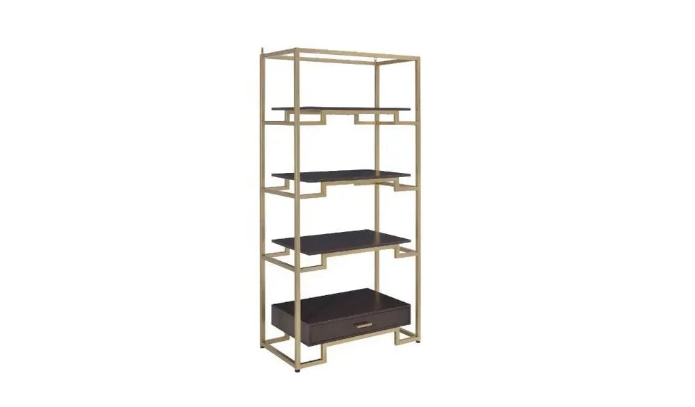 78" Gold and Black Metal Four Tier Etagere Bookcase with a Drawer HomeRoots