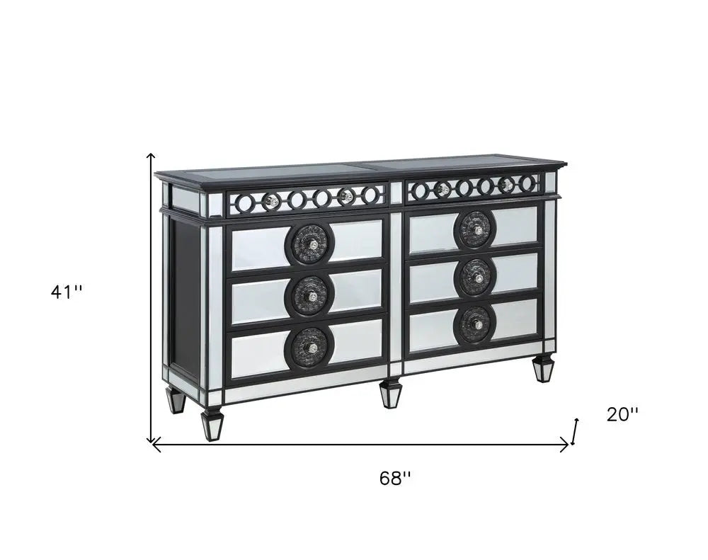 68" Black and Silver Solid and Manufactured Wood Mirrored Eight Drawer Double Dresser HomeRoots