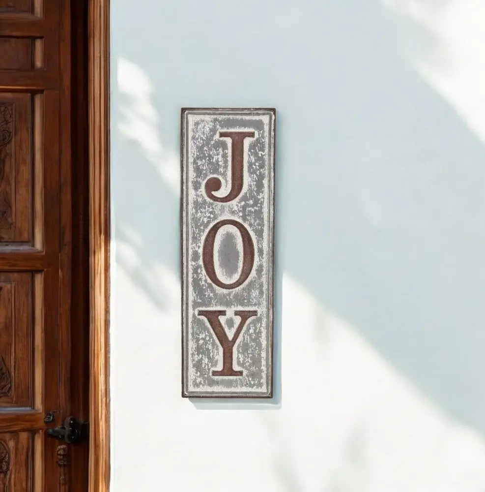 19" X 6" Gray and Brown Handcrafted Joy Metal Wall Decor HomeRoots