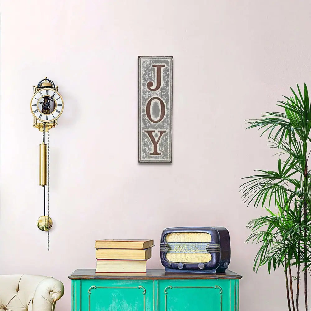 19" X 6" Gray and Brown Handcrafted Joy Metal Wall Decor HomeRoots