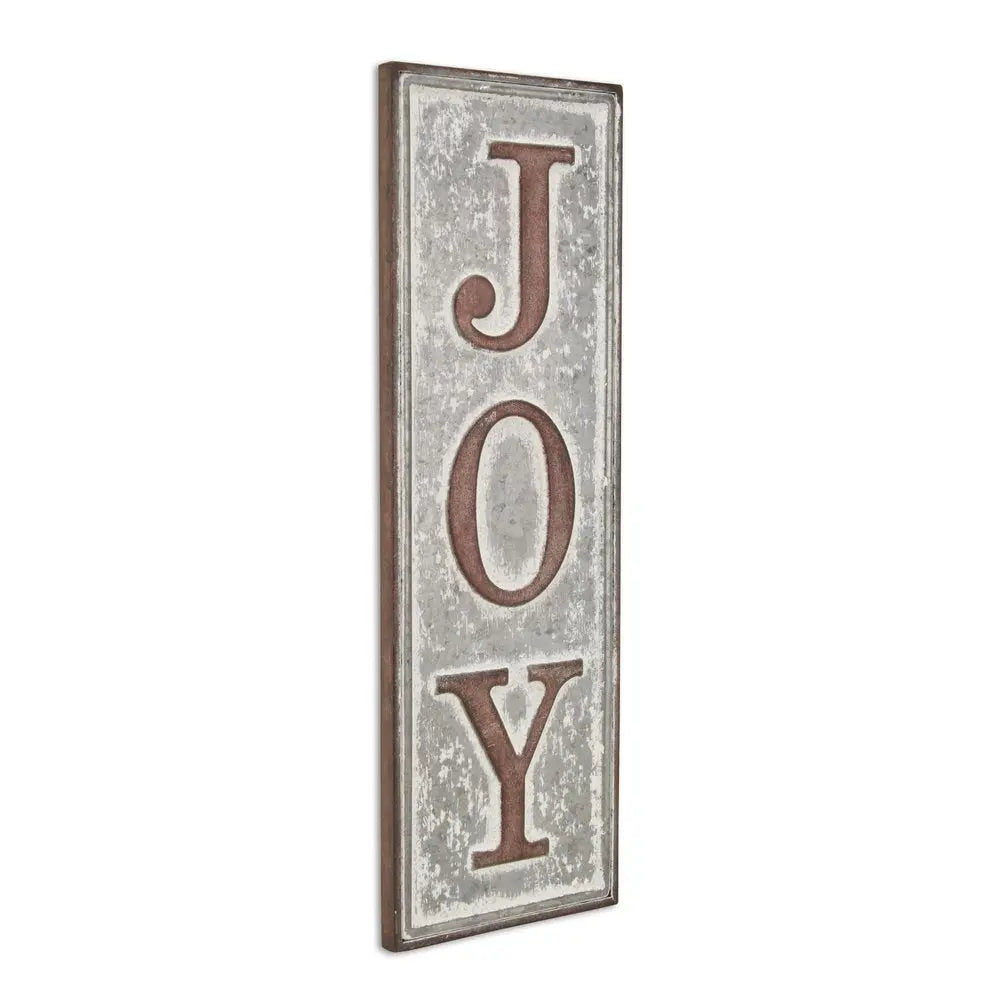 19" X 6" Gray and Brown Handcrafted Joy Metal Wall Decor HomeRoots