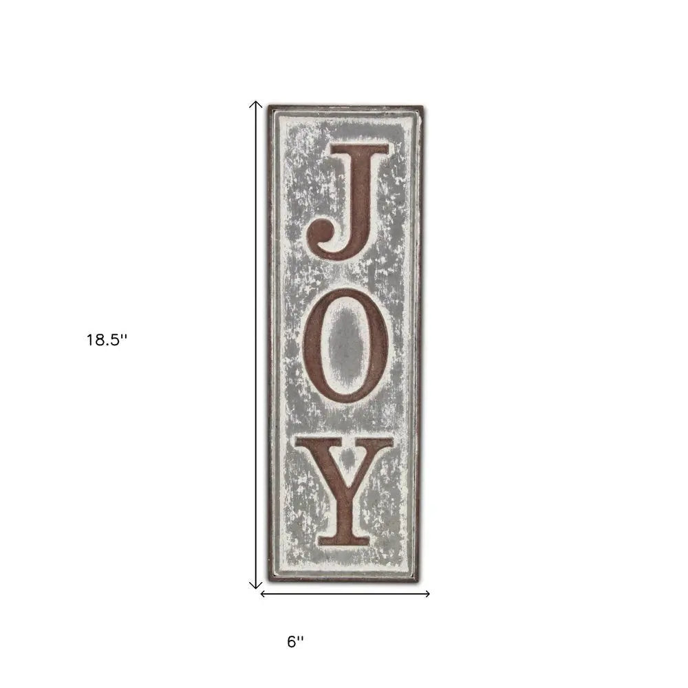 19" X 6" Gray and Brown Handcrafted Joy Metal Wall Decor HomeRoots