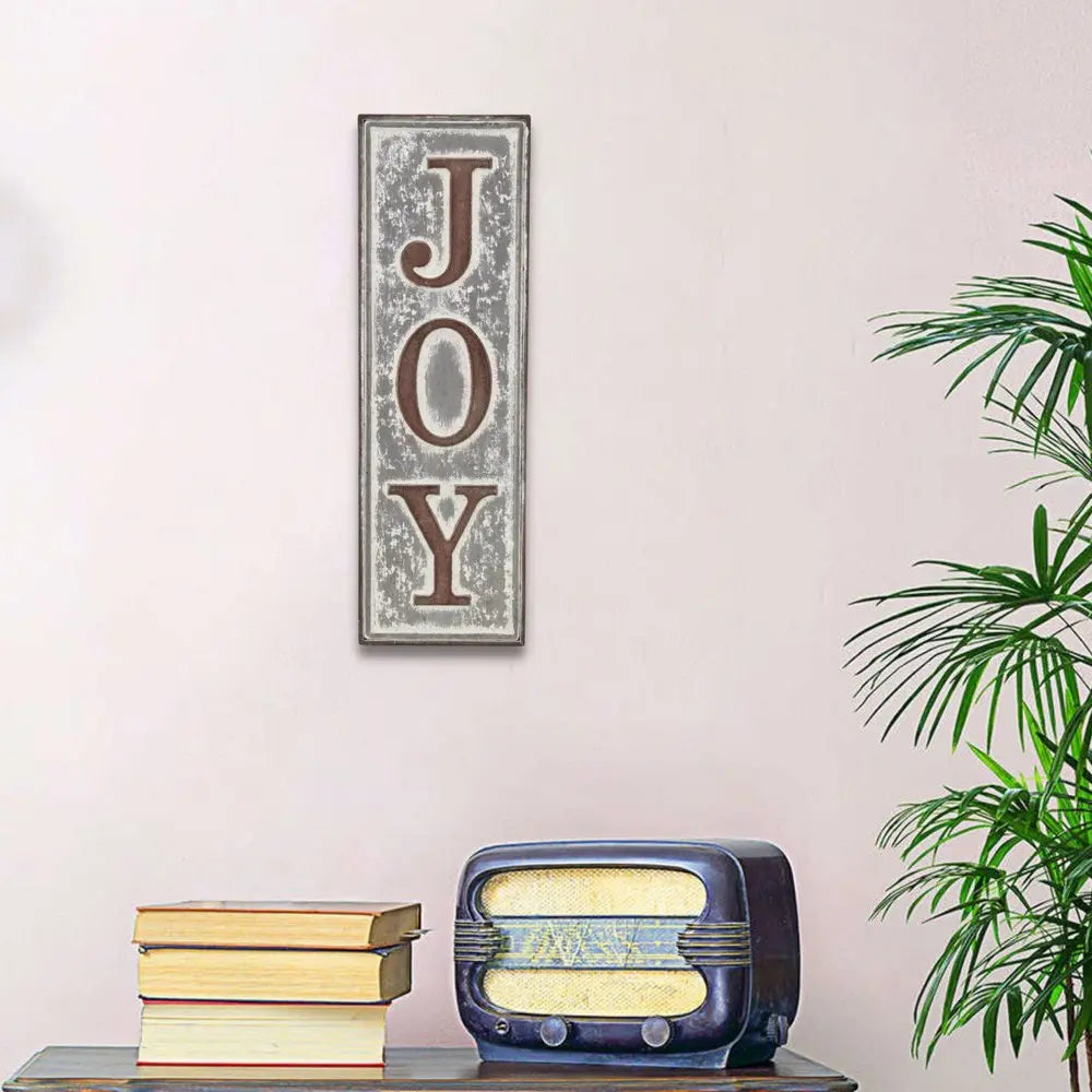 19" X 6" Gray and Brown Handcrafted Joy Metal Wall Decor HomeRoots