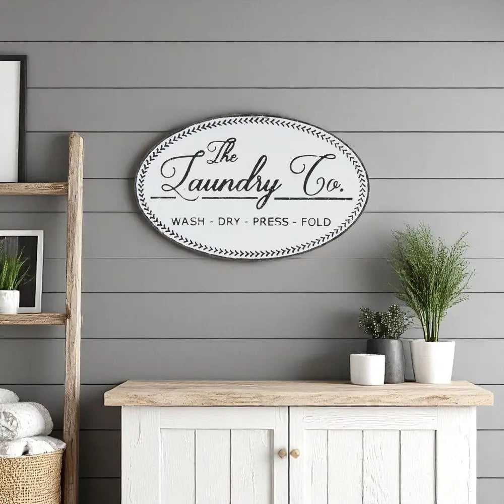 14" X 22" White And Dark Gray The Laundry Co Metal Oval Wall Decor HomeRoots