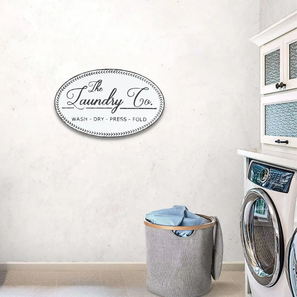 14" X 22" White And Dark Gray The Laundry Co Metal Oval Wall Decor HomeRoots