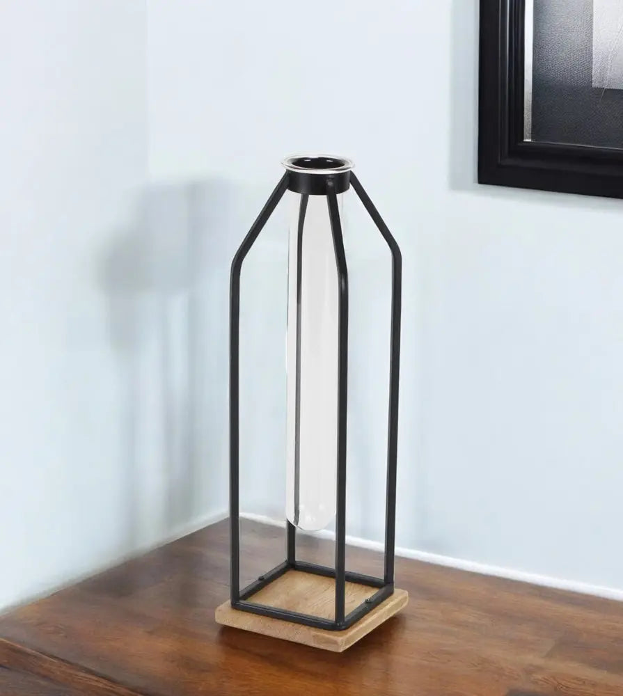 12" Black Clear And Natural Metal Glass And Wood Posy Test Tube Table Vase HomeRoots