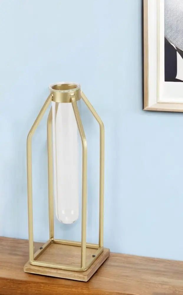 11" Gold Clear And Natural Metal Glass And Wood Test Tube Table Vase HomeRoots