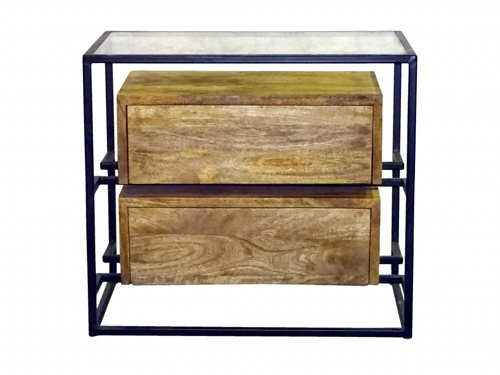 28" Natural Solid Wood and Glass Two Drawer Nightstand HomeRoots
