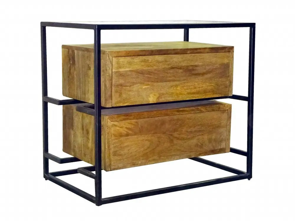 28" Natural Solid Wood and Glass Two Drawer Nightstand HomeRoots