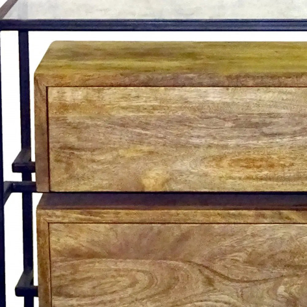 28" Natural Solid Wood and Glass Two Drawer Nightstand HomeRoots