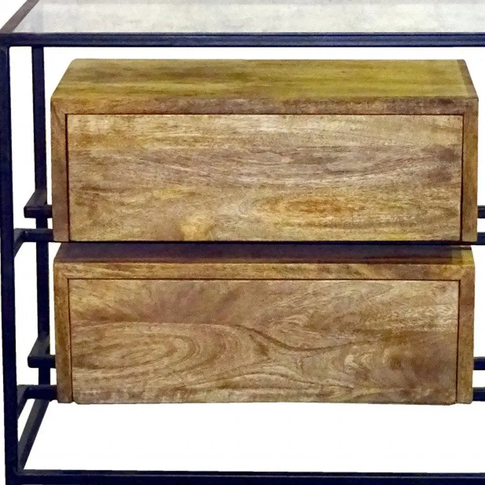 28" Natural Solid Wood and Glass Two Drawer Nightstand HomeRoots