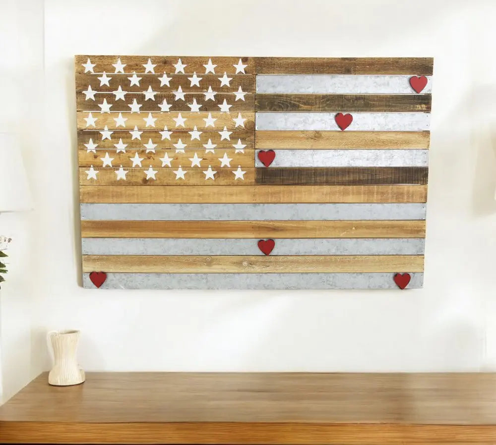 24" X 36" Brown and Gray Stars And Stripes Wood and Metal Hanging Dimensional Sculpture HomeRoots