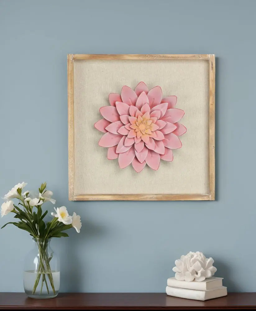 12" X 13" Pink and Off White Flower Wood and Metal Wall Decor HomeRoots