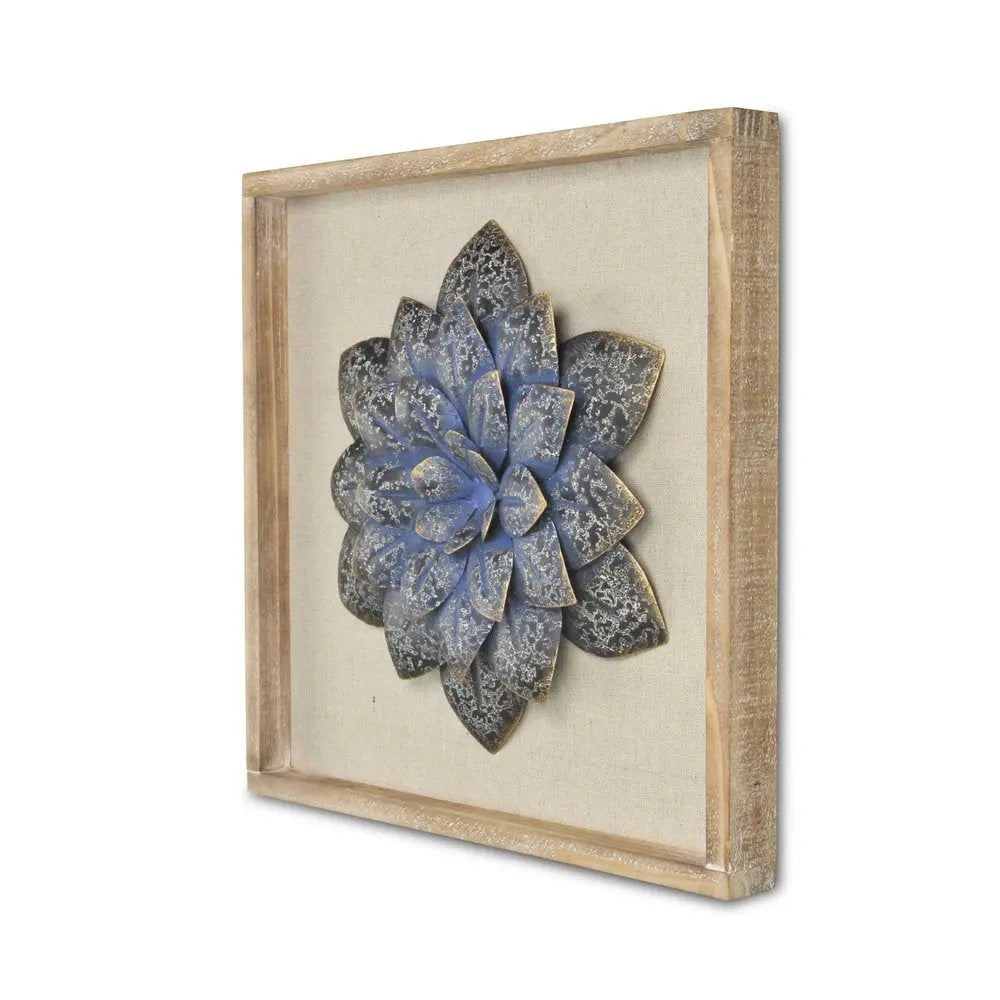 12" X 13" Dark Blue Flower Wood and Metal Wall Decor HomeRoots