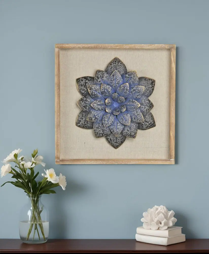 12" X 13" Dark Blue Flower Wood and Metal Wall Decor HomeRoots