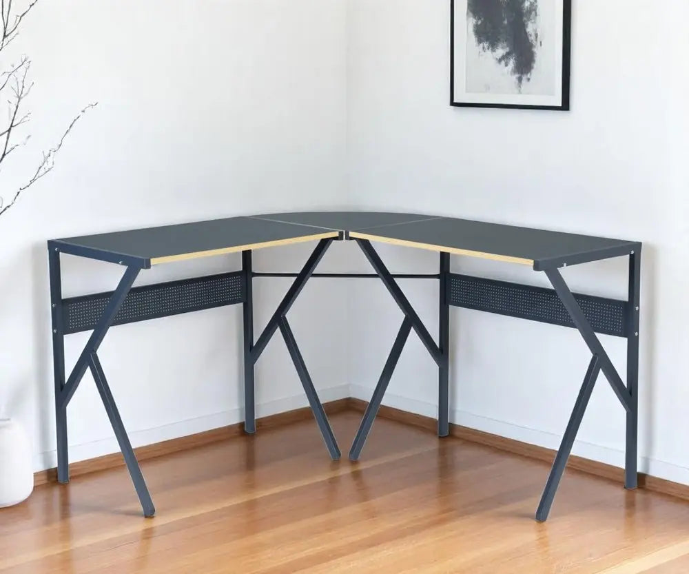 49" Black Wood and Metal Corner H - Shape Computer Desk - NOBLE HOME INTERIORS